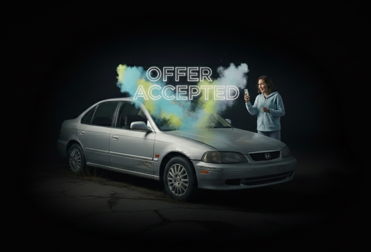 Woman celebrating after selling her junk car